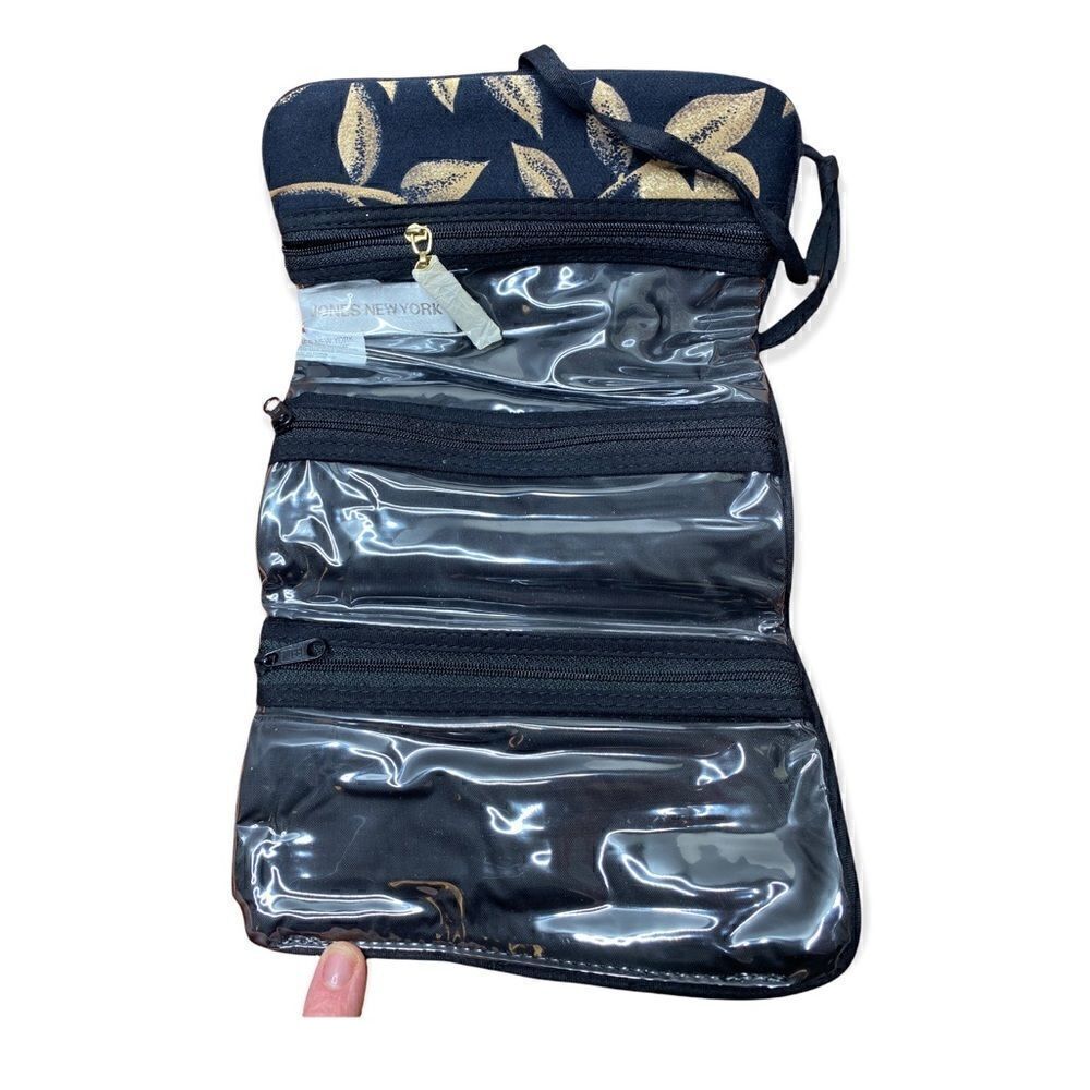 Jones New York black tan floral cosmetic jewelry bag 3 zip areas roll up tie bag